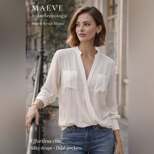 MAEVE by Anthropologie Light and Airy Ivory Silk-Feel Wrap Blouse | Size 6